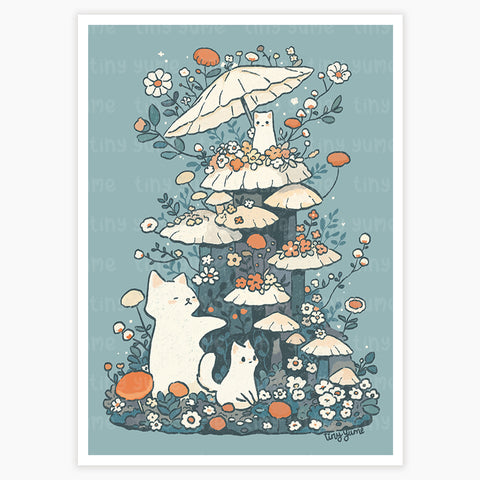 Cats & mushrooms A5 Print, Vintage Frame, Cottagecore decor, Cat Print, Cottage Decor, Cute Illustration