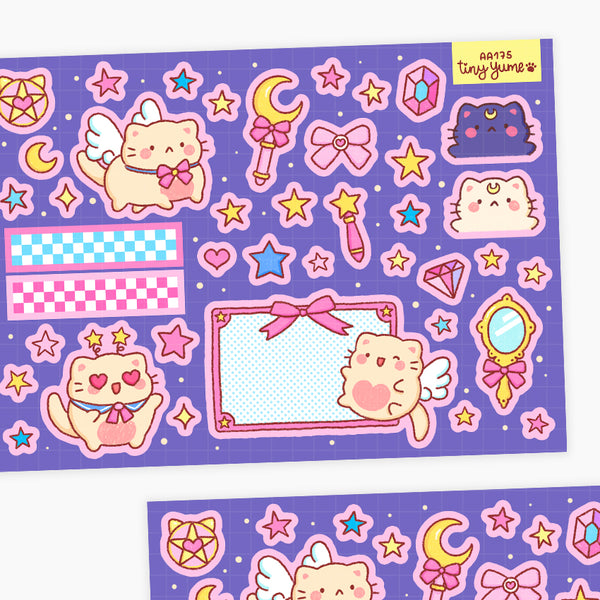 Magical moon sticker sheet, moon, star, cat dreamy, pastel, wings