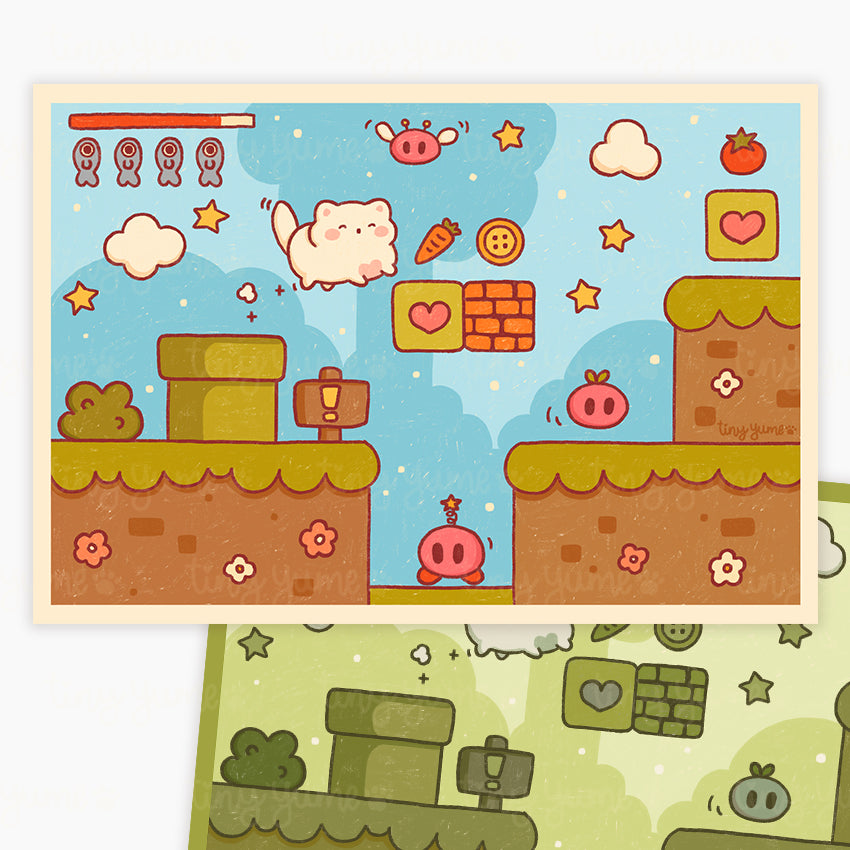 Platform game print, retro gaming art, wall decor, Cat Print, Illustration