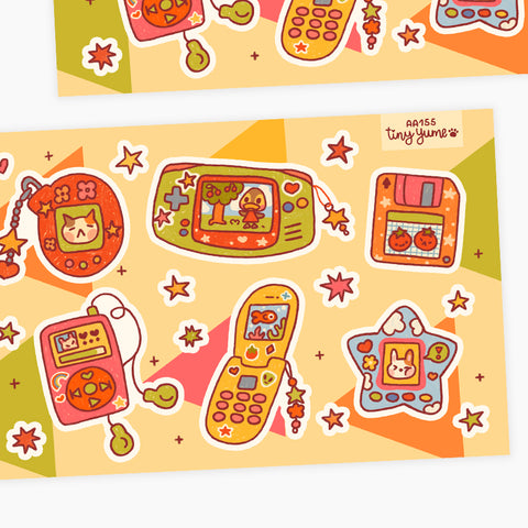 Y2K gadgets sticker sheet, flip phone stickers, tamagotchi,retro gaming 