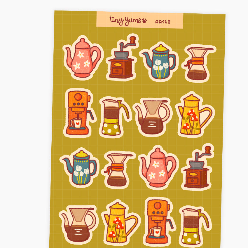 Tea and coffee pots stickers, coffee tea lover sticker sheet