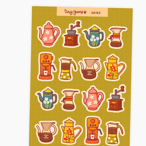 Tea and coffee pots stickers, coffee tea lover sticker sheet