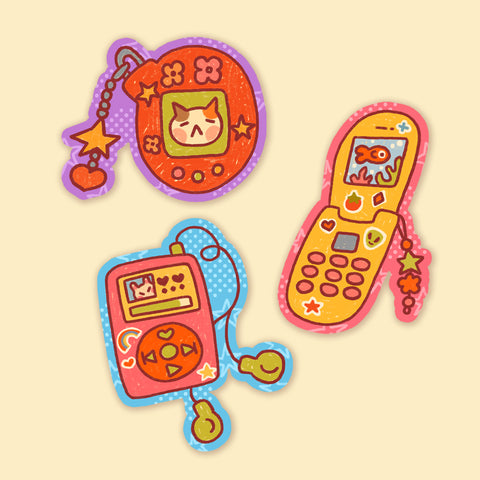 Y2K gadgets stickers, flip phone stickers, retro game stickers