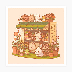 Flower shop Mini Print, rabbits Print, Handmade Print, Cute Mini Print, Cute Wall Decor, Cute Illustration